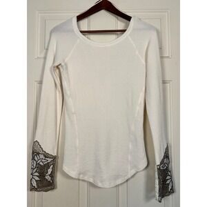 Free People Bali Babe Thermal Floral Contrast Cuff Lace Long Sleeve Top white M